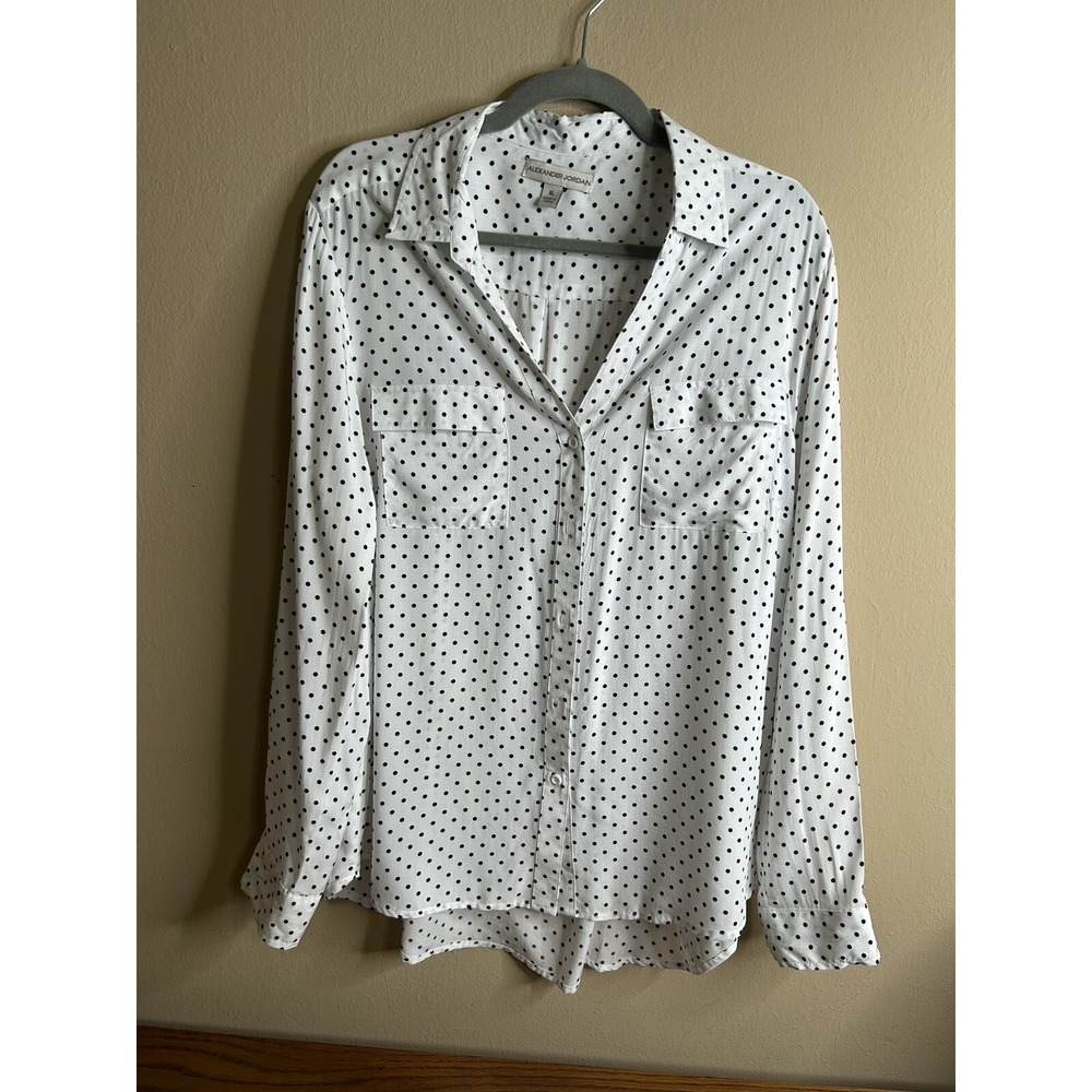 Alexander Jordan Polka Dot Roll Tab Sleeve Blouse White Black Size XL
